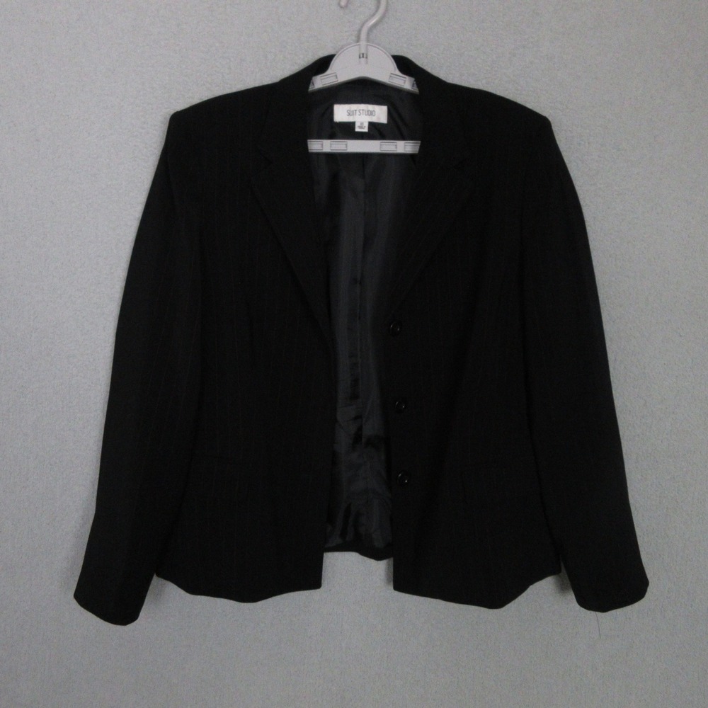 Suit Studio Womens Black Pinstripe Blazer Jacket Size 16 Three Button Office